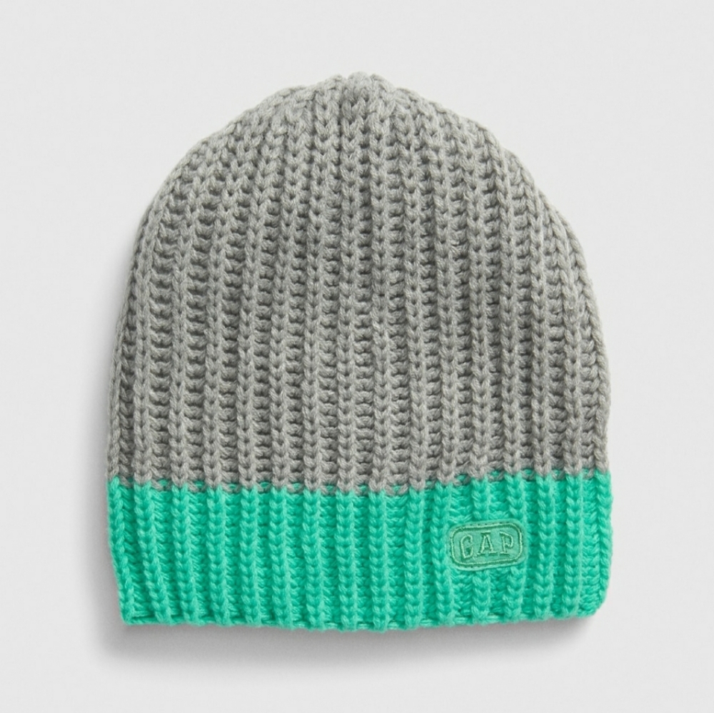 NWT GAP KIDS GREY GRAY &  TEAL RIBBED BEANIE HAT